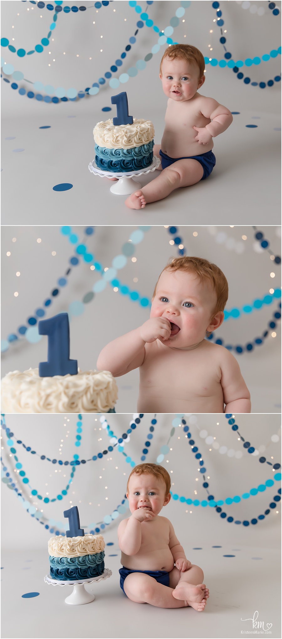 blue ombre cake smash session with twinkel lights on grey backdrop