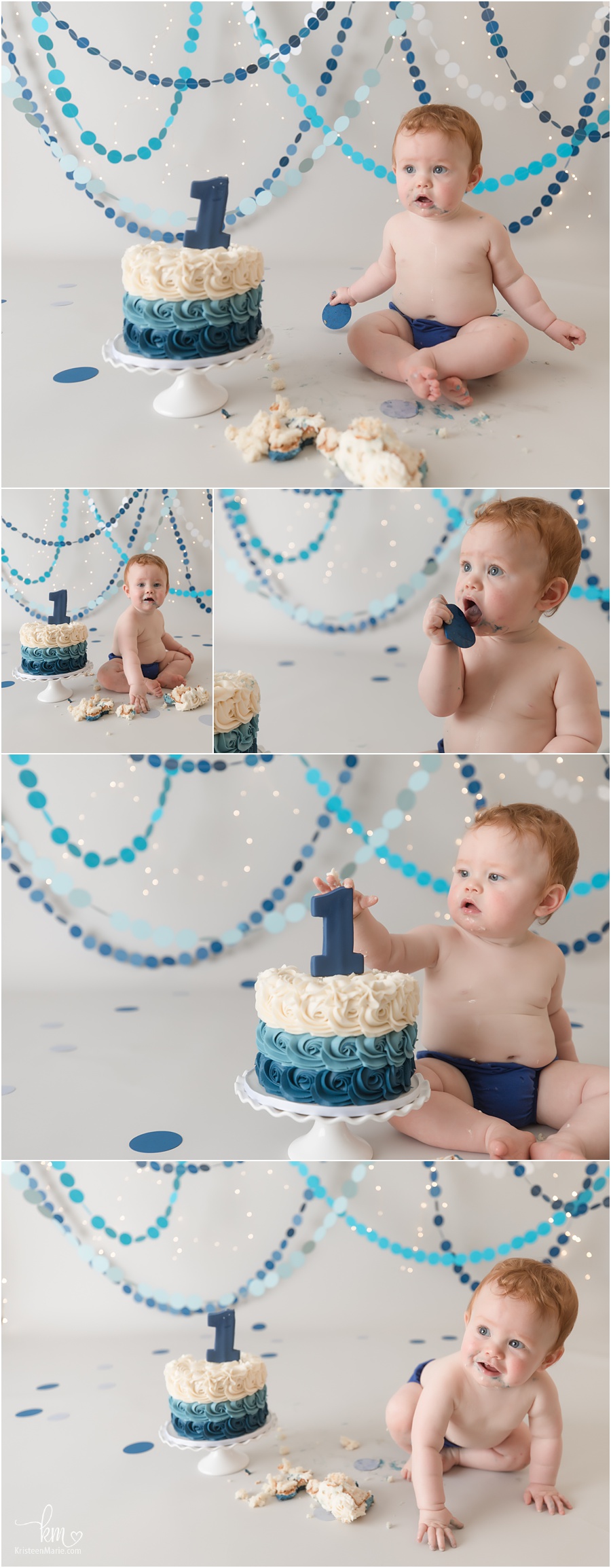 blue and white cake smash with twinkel lights