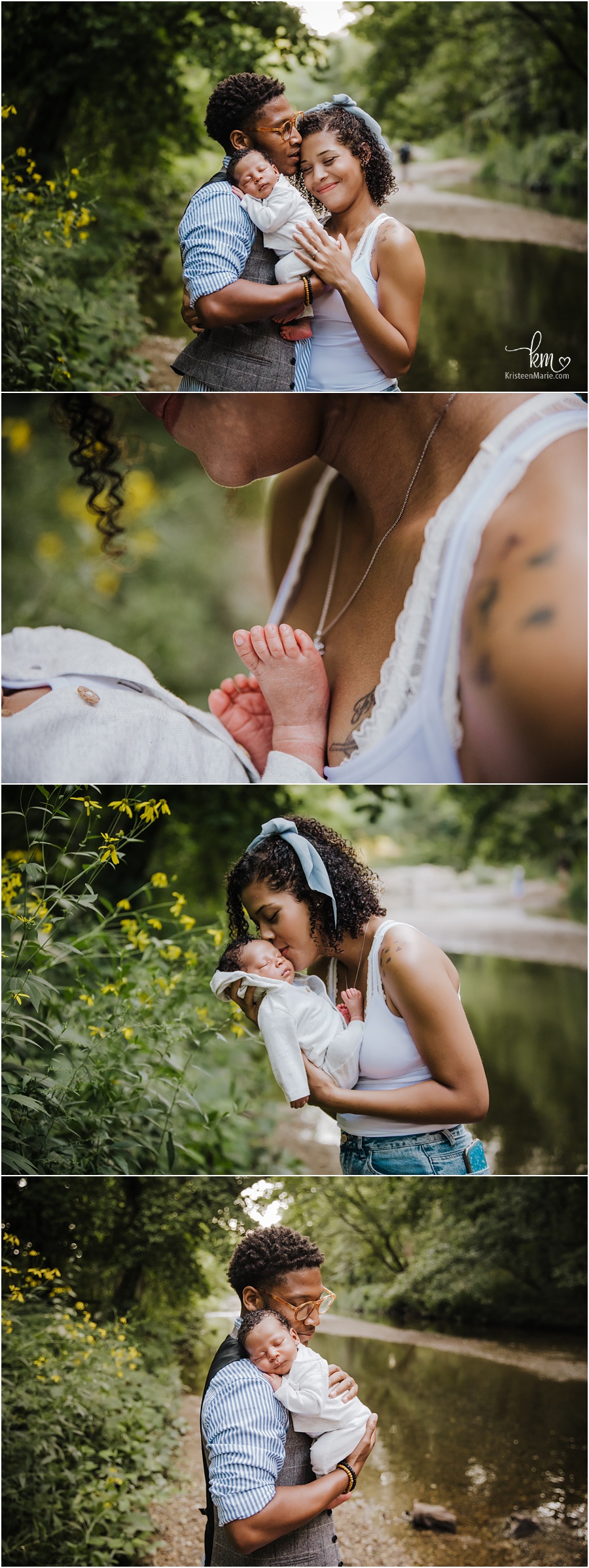 mom and dad with newborn baby - outdoor newborn photography in Indianapolis, IN
