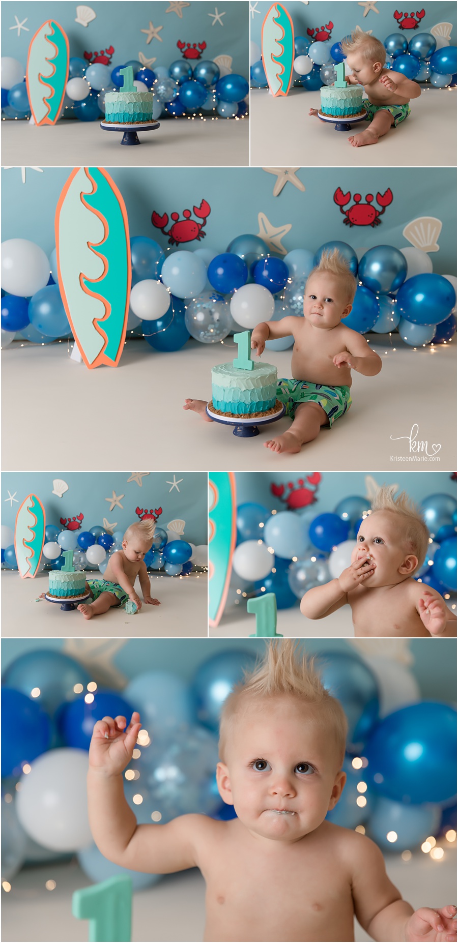 blue and teal beach themed cake smash session - 1st birthday