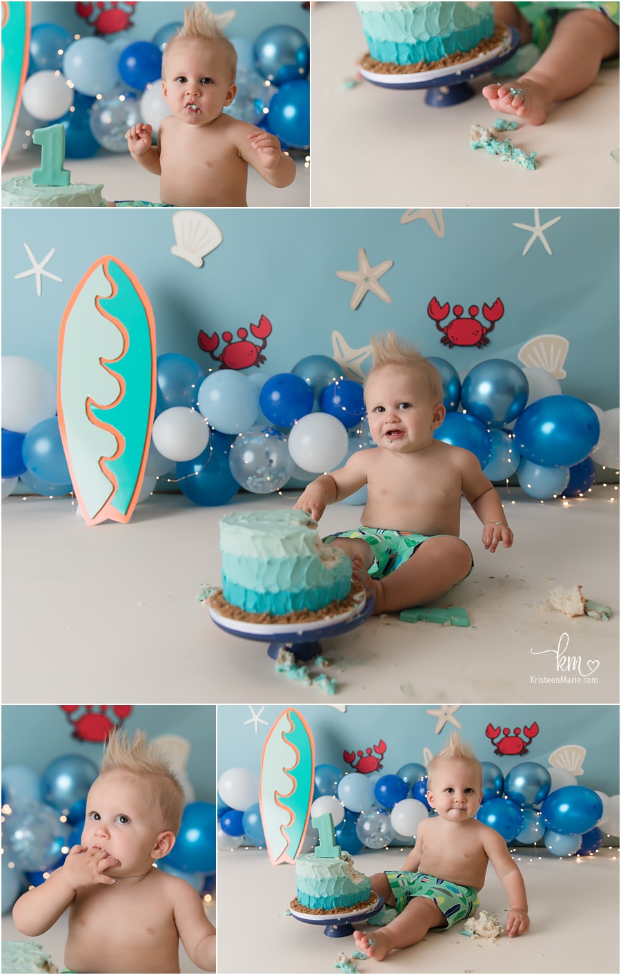 Surfing and beach themed first birthday cake smash photography 