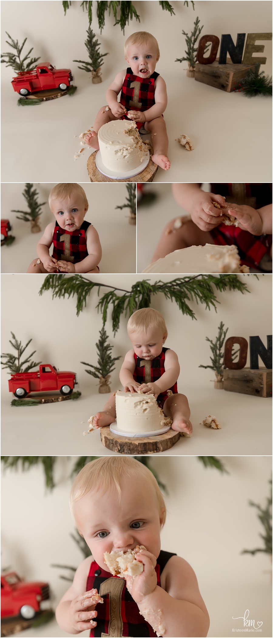 little red truck and greenery 1st birthday cake smash
