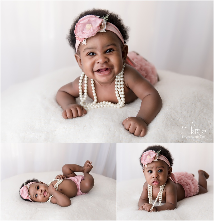 milestone session - 4 months old - girl with pearls 