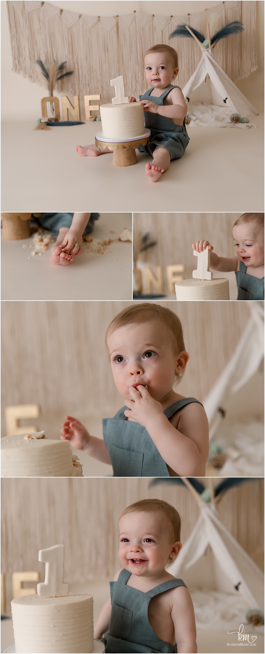 boy boho 1st birthday smash cake photography session with pop of blue