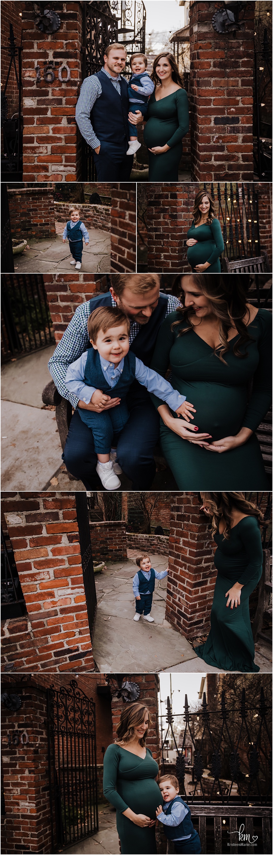Family doing maternity pictures in urban brick location with green dress