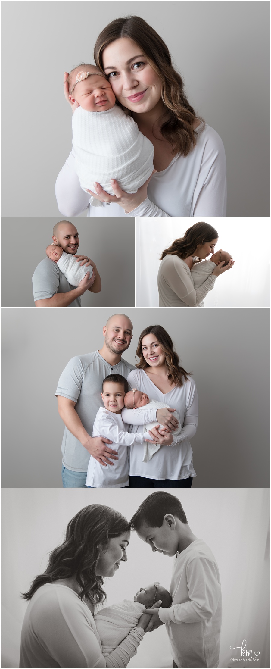 family with newborn baby and other brother all in white