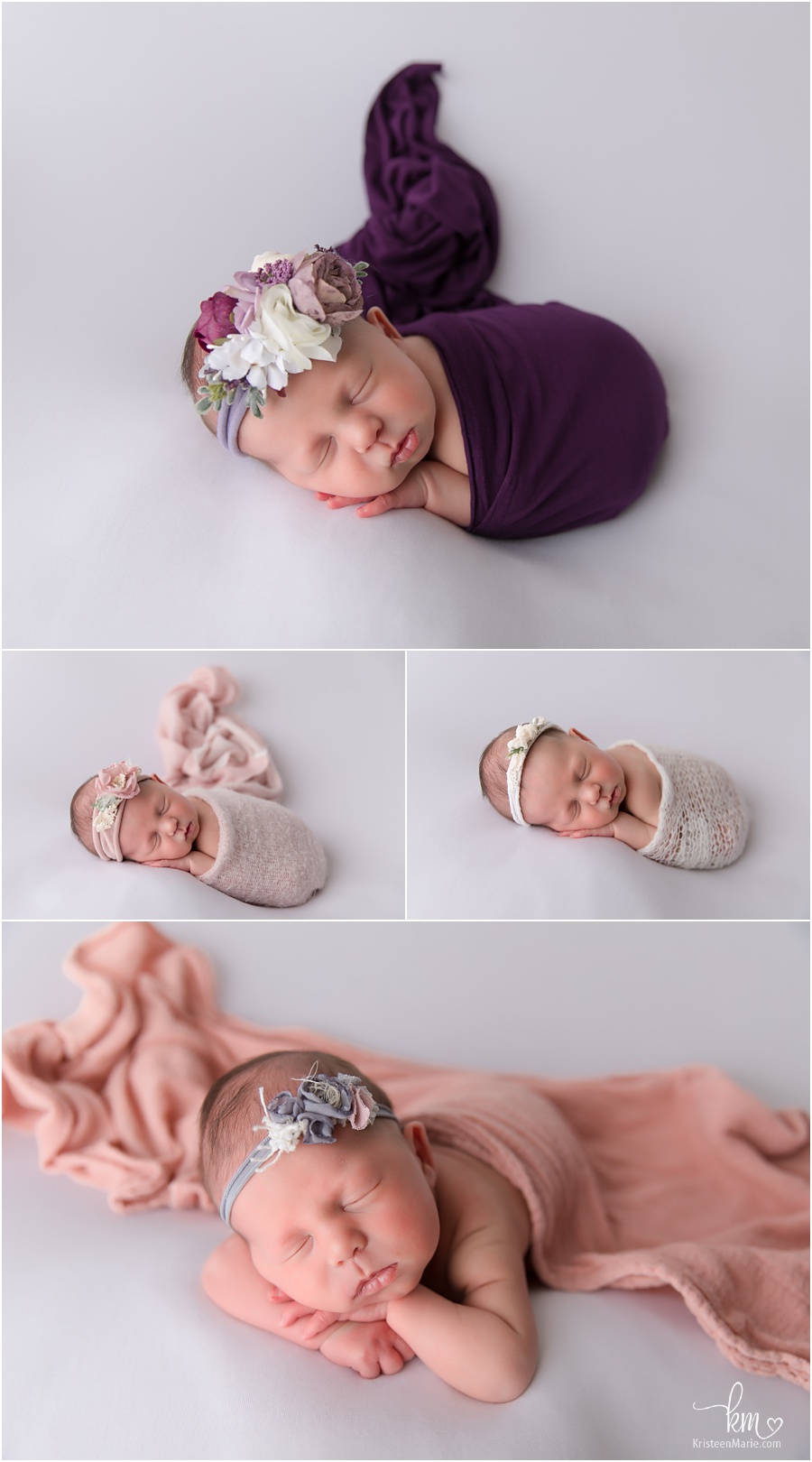 newborn baby girl on white backdrop with pinks and purples