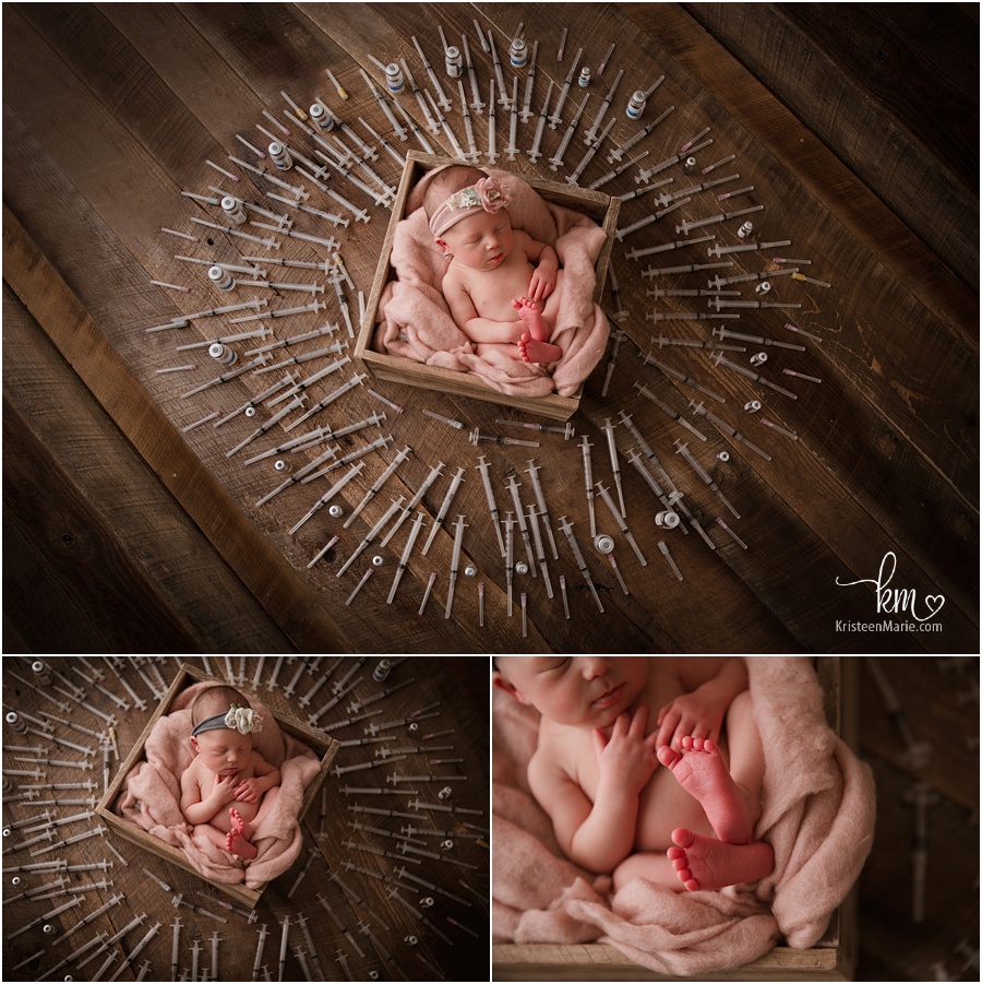 Newborn picture with IVF needles 