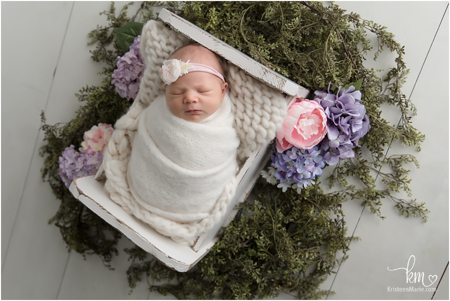 Newborn baby girl with pink and purple flowers - Zionsville newborn photographer