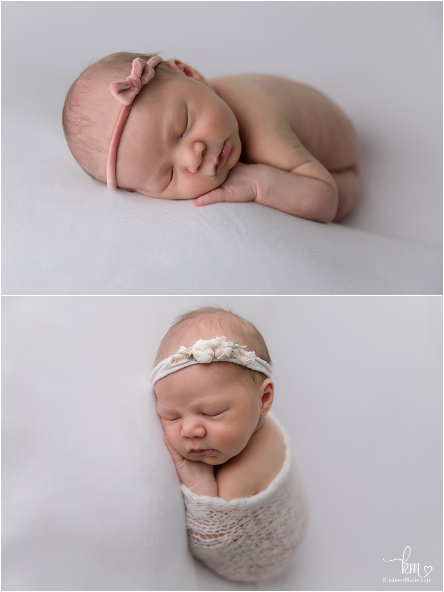 Sleeping newborn girl photography - pink and white
