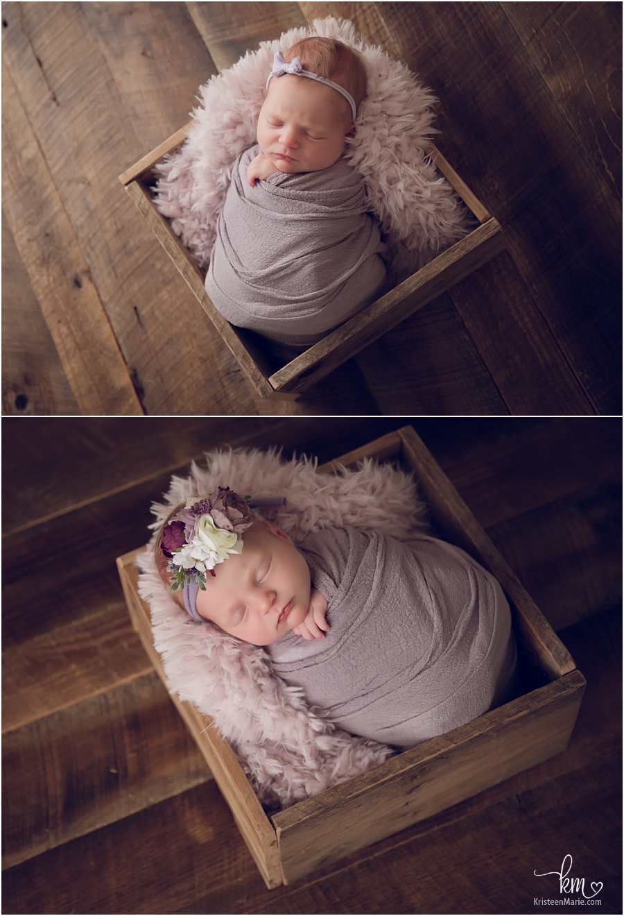 baby in box with purple fluff on dark wood