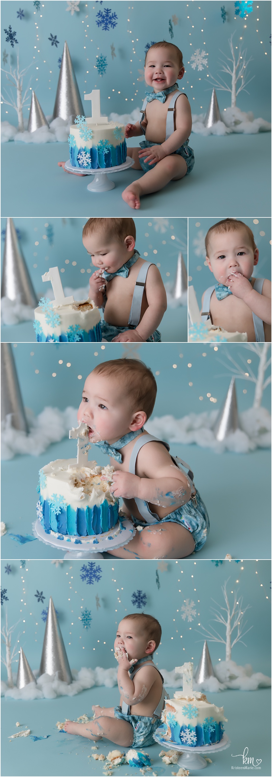 winter themed cake smash photography - blue and white session