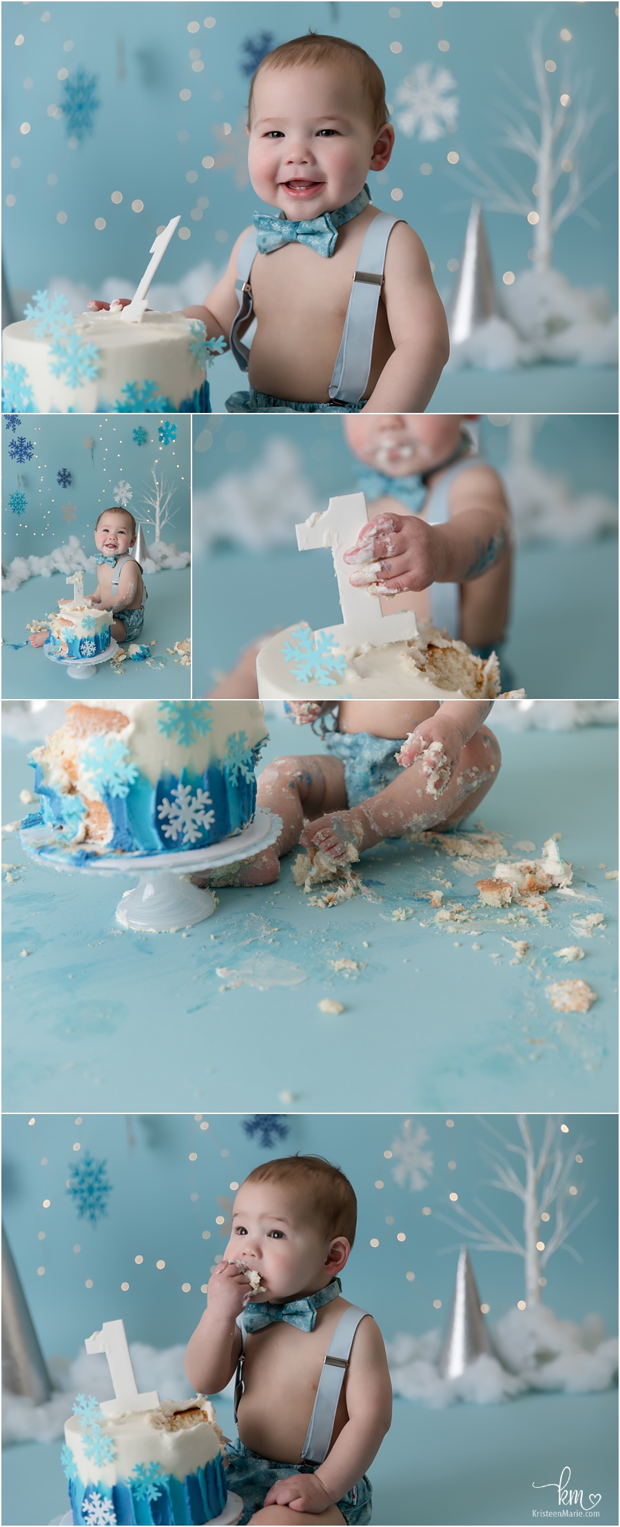 winter ONEderland 1st birthday cake smash session in photography studio