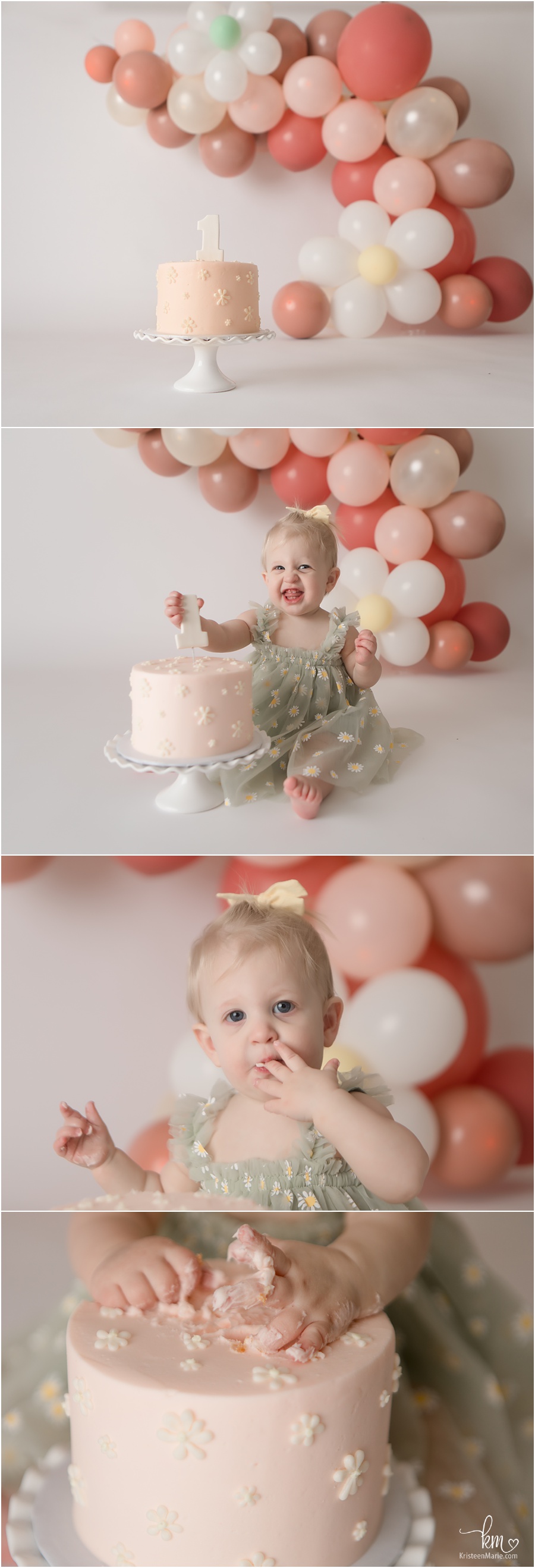 peach, yellow, and mint daisy cake smash for 1st birthday