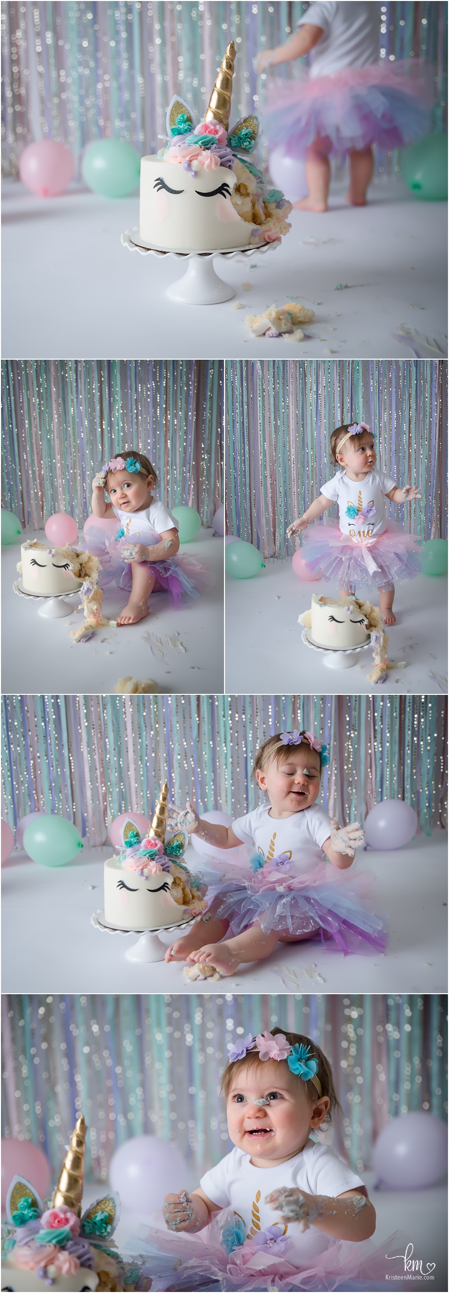 pastel unicorn 1st birthday cake smash photography