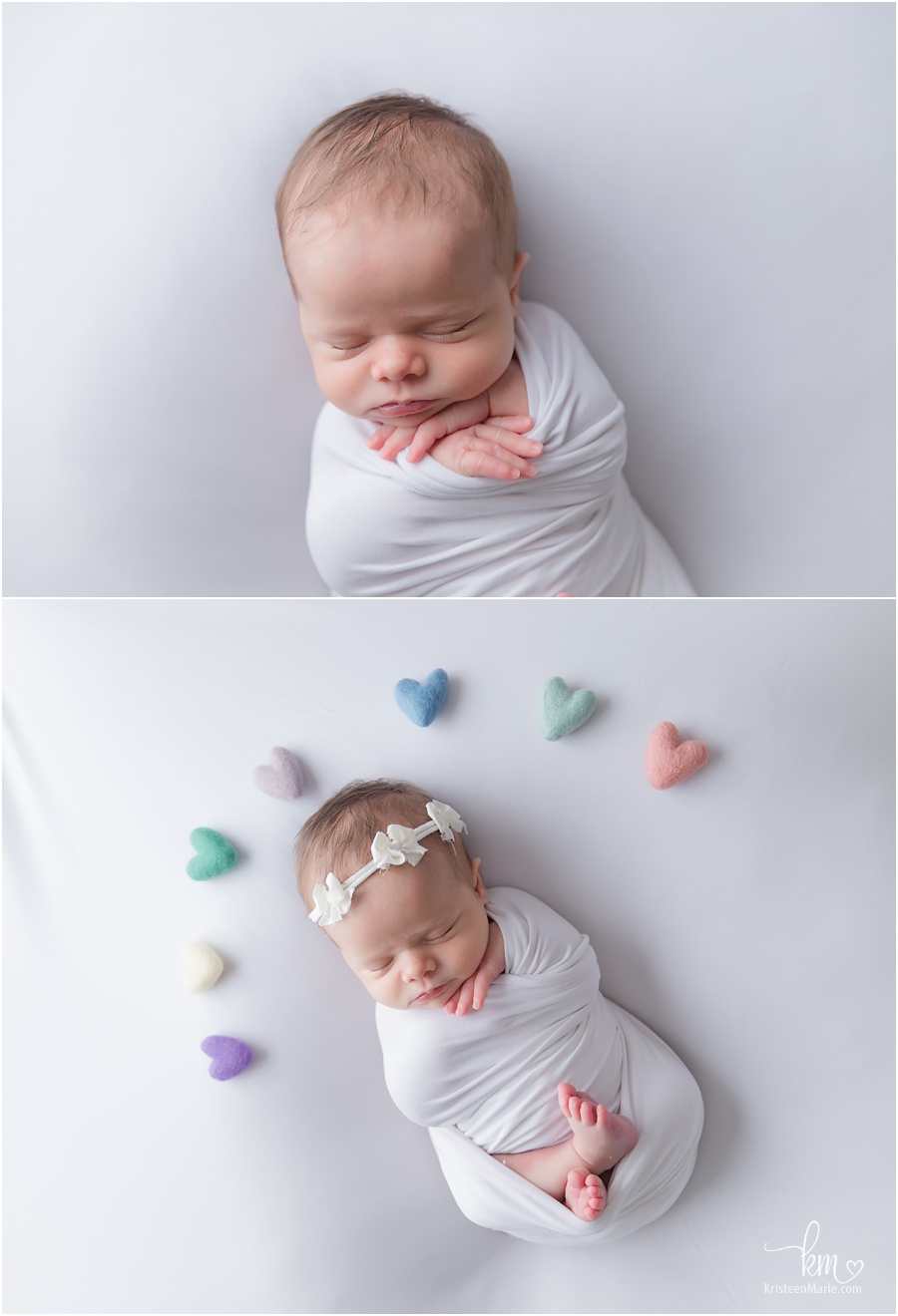 newborn baby on white with hearts