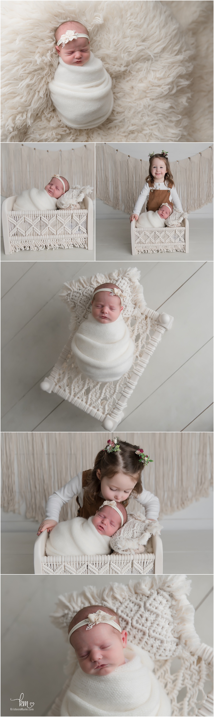 white boho newborn baby pictures in photography studio
