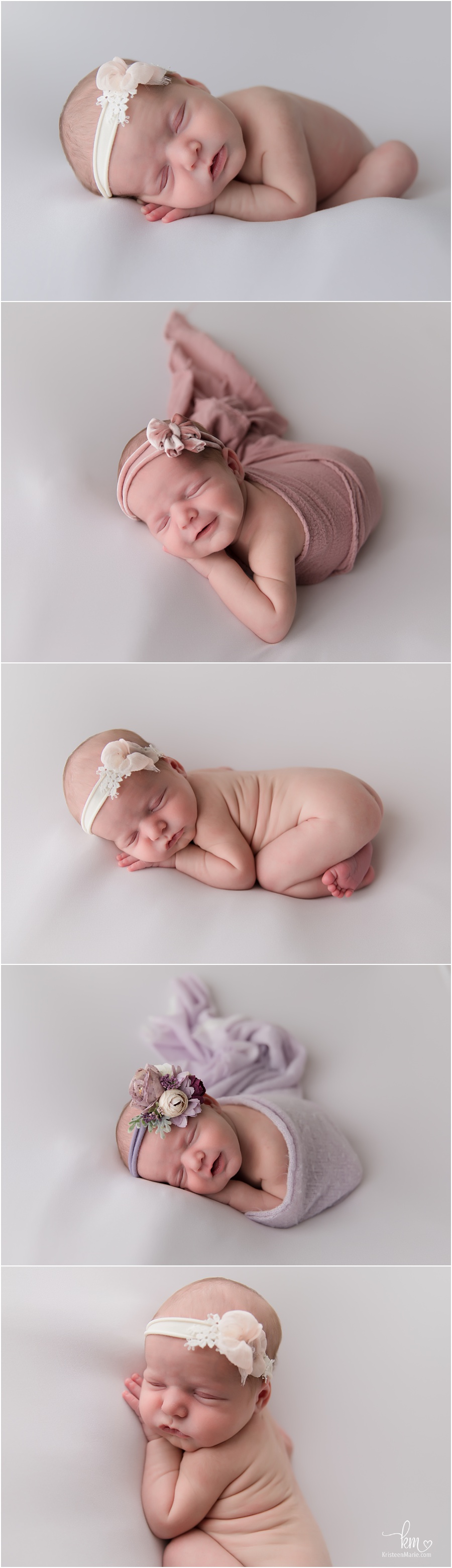 newborn girl on white backdrop in different poses