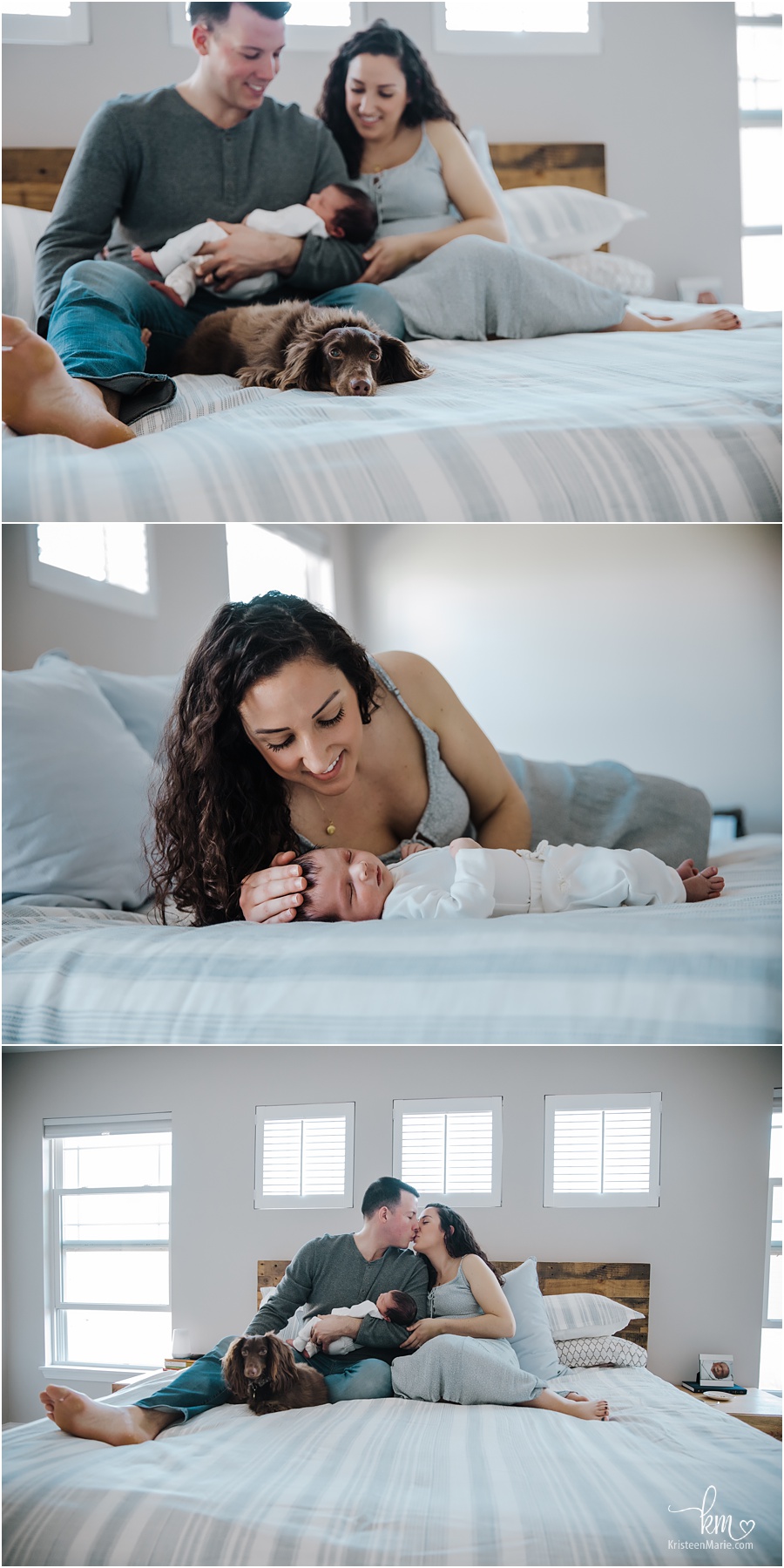 cuddling on bed with newborn baby - in-home lifestyle newborn photography