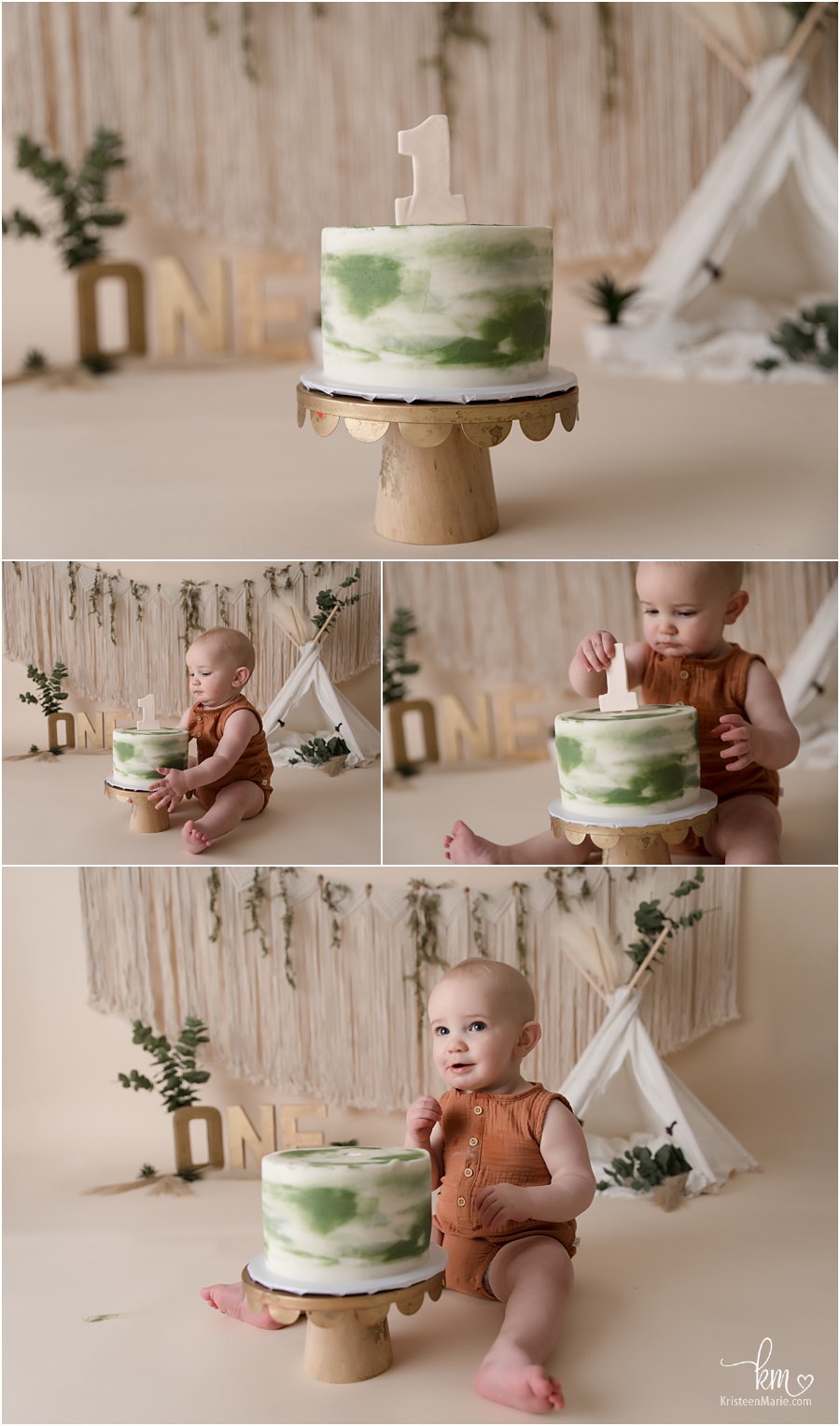 boho cake smash 1st birthday session for little boy - greenery, macrame, and teepe - gold, cream and green