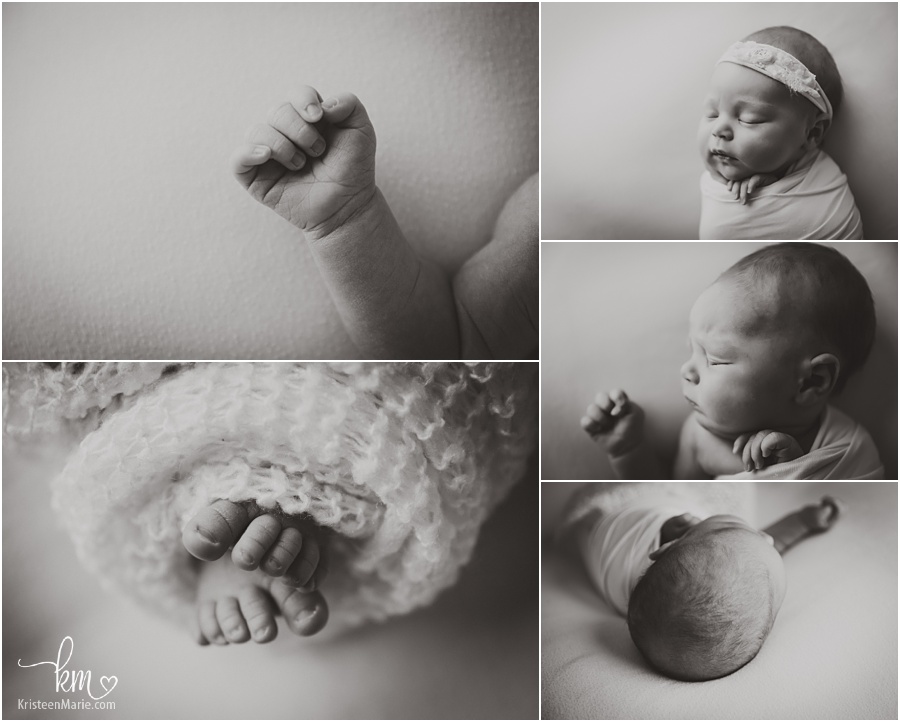newborn baby features in black and white
