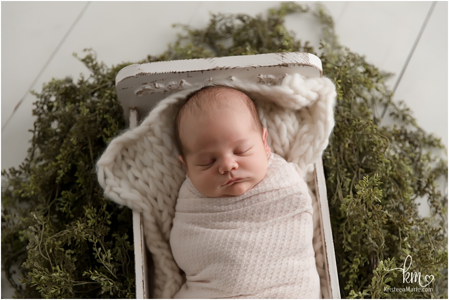newborn boy in bed with greenery