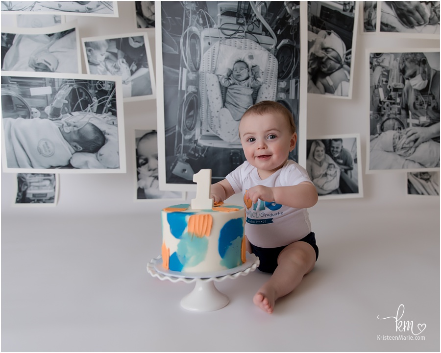 NICU photo backdrop to celebrate baby's 1st birthday after long hospital stay