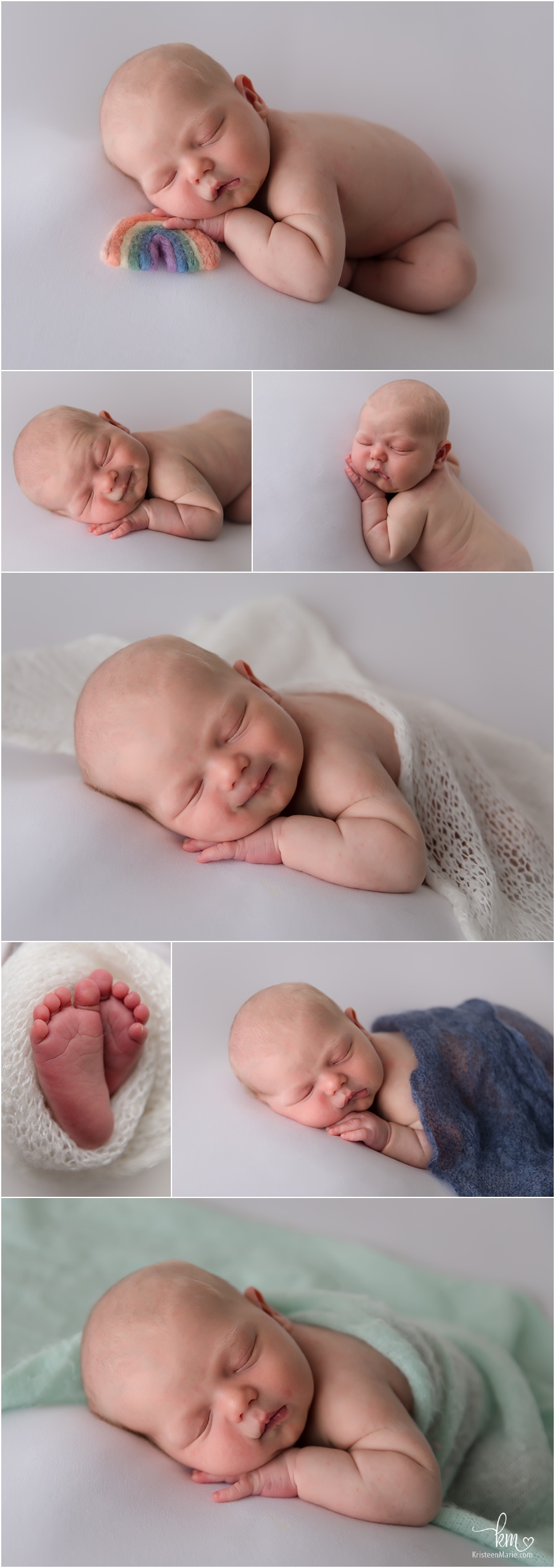 Newborn baby boy on white backdrop in photography studio