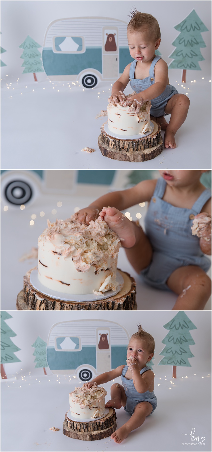 outdoor camping themed cake smash session