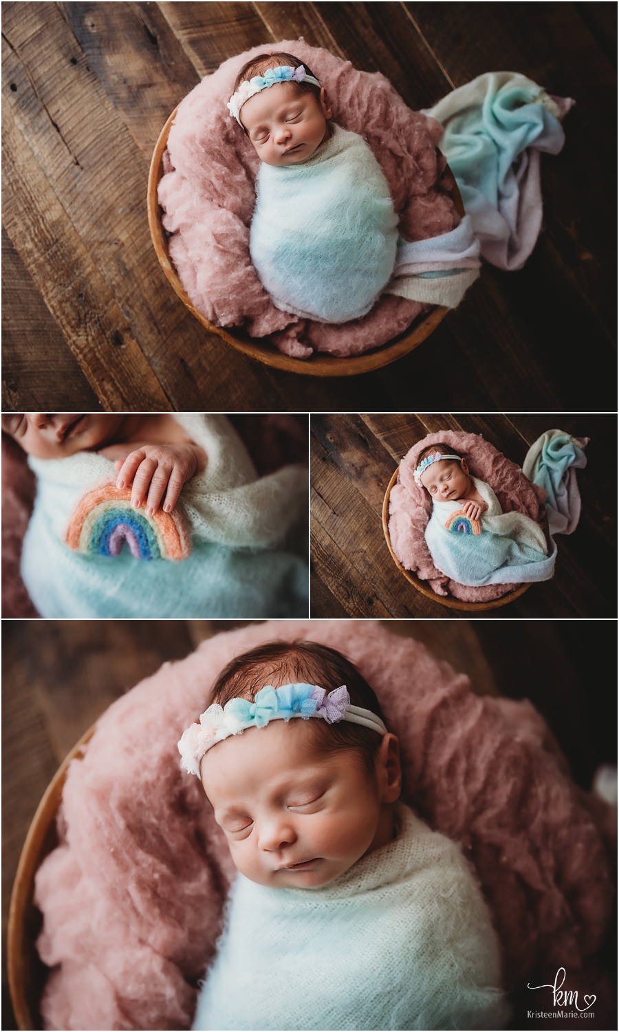 Rainbow baby girl poses and set-ups for newborn