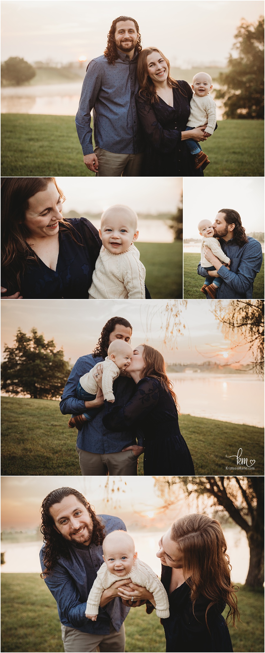 outdoor family session at sunrise by water - Carmel, Indiana