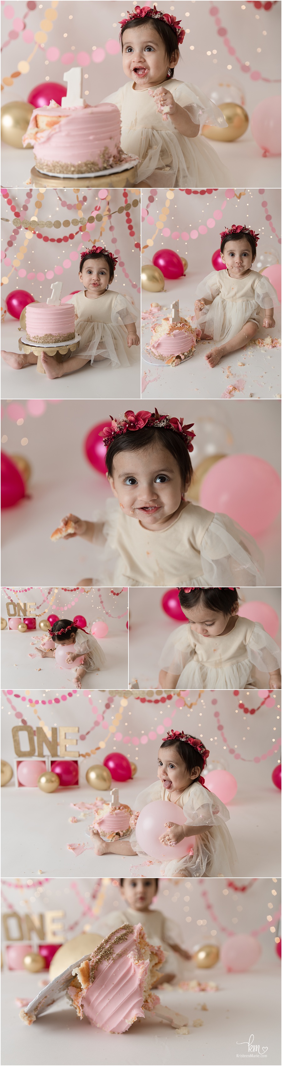 pink and gold 1st birthday cake smash session - KristeenMarie Photography