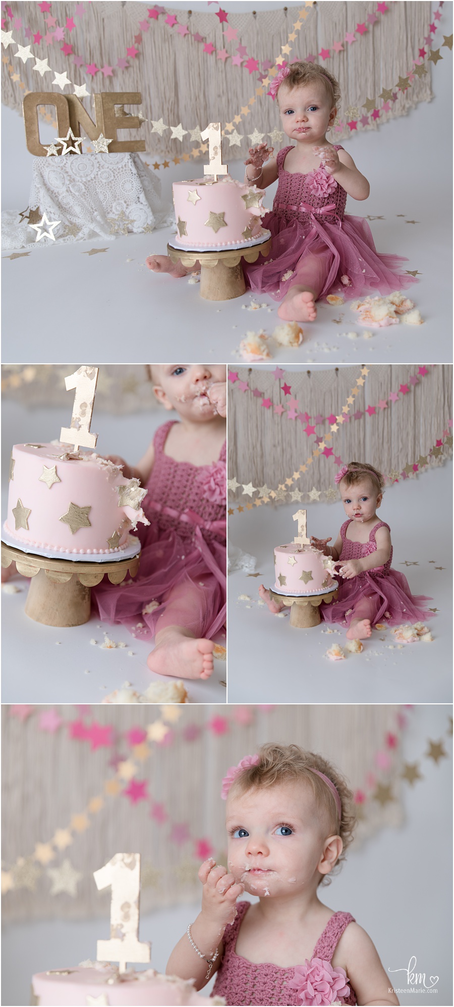 pink and gold boho star cake smash session for baby's 1st birthday
