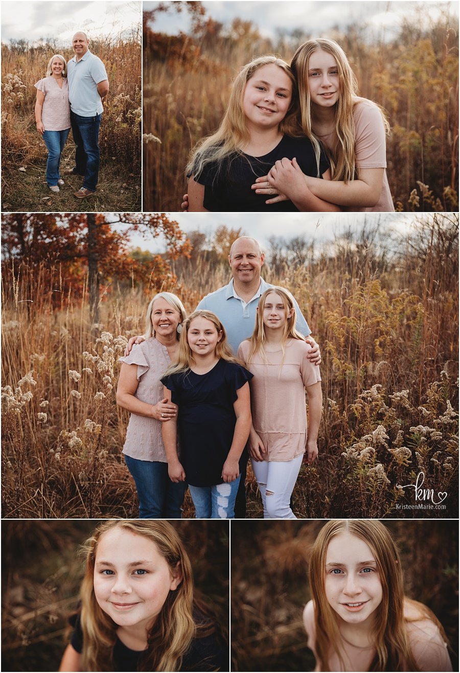 family of 4 in tall grass for family pictures