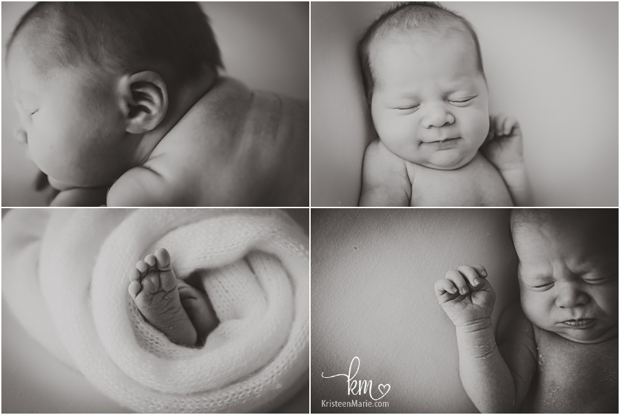 newborn baby hands and feet in black and white images