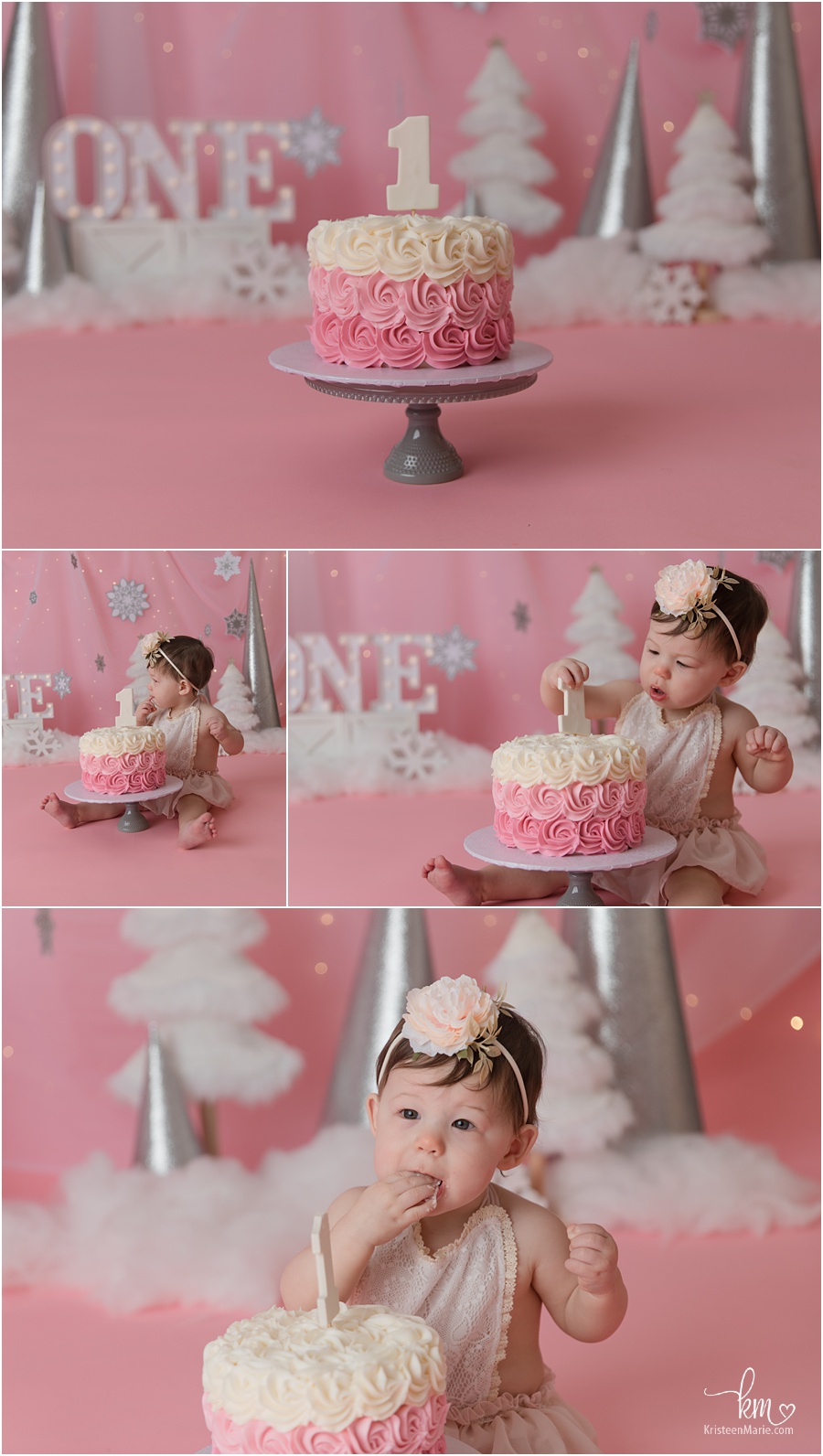 winter ONEderland 1st birtday cake smash - pink and silver