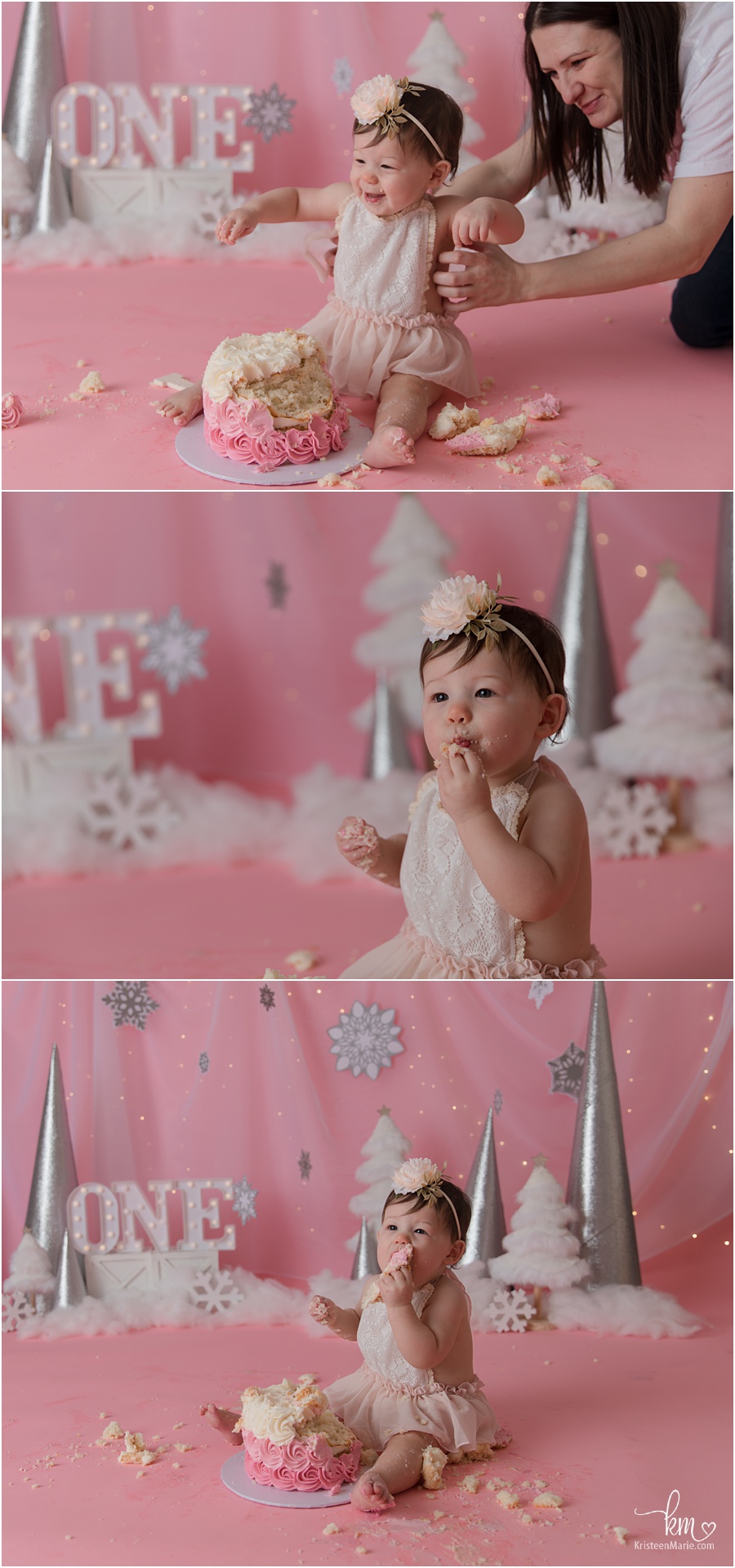 pink and silver winter themed cake smash
