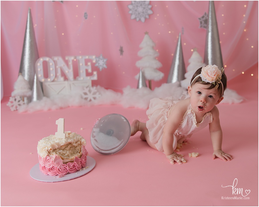 pink and sliver 1st birthday cake smash - winter wonderland