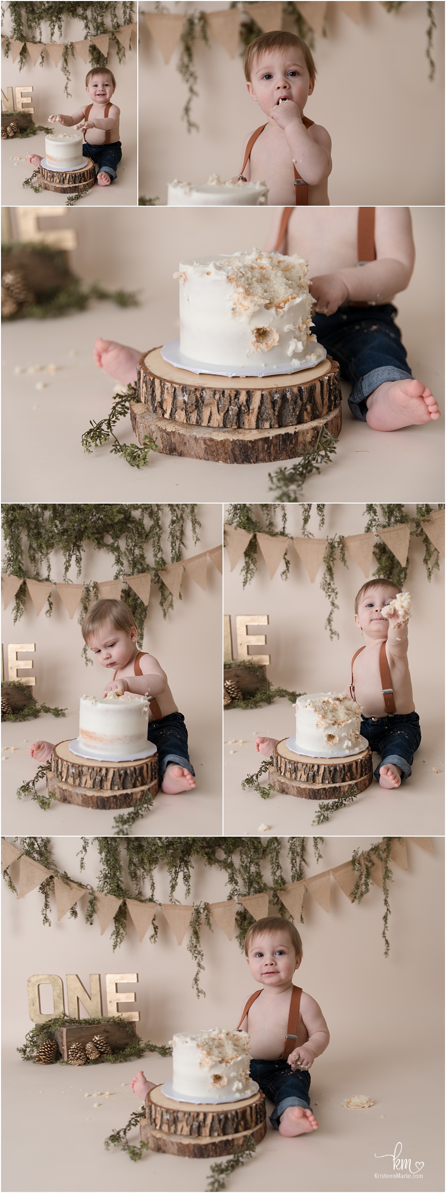 greenery and gold 1st birthday cake smash session - birthday boy in jeans and suspenders