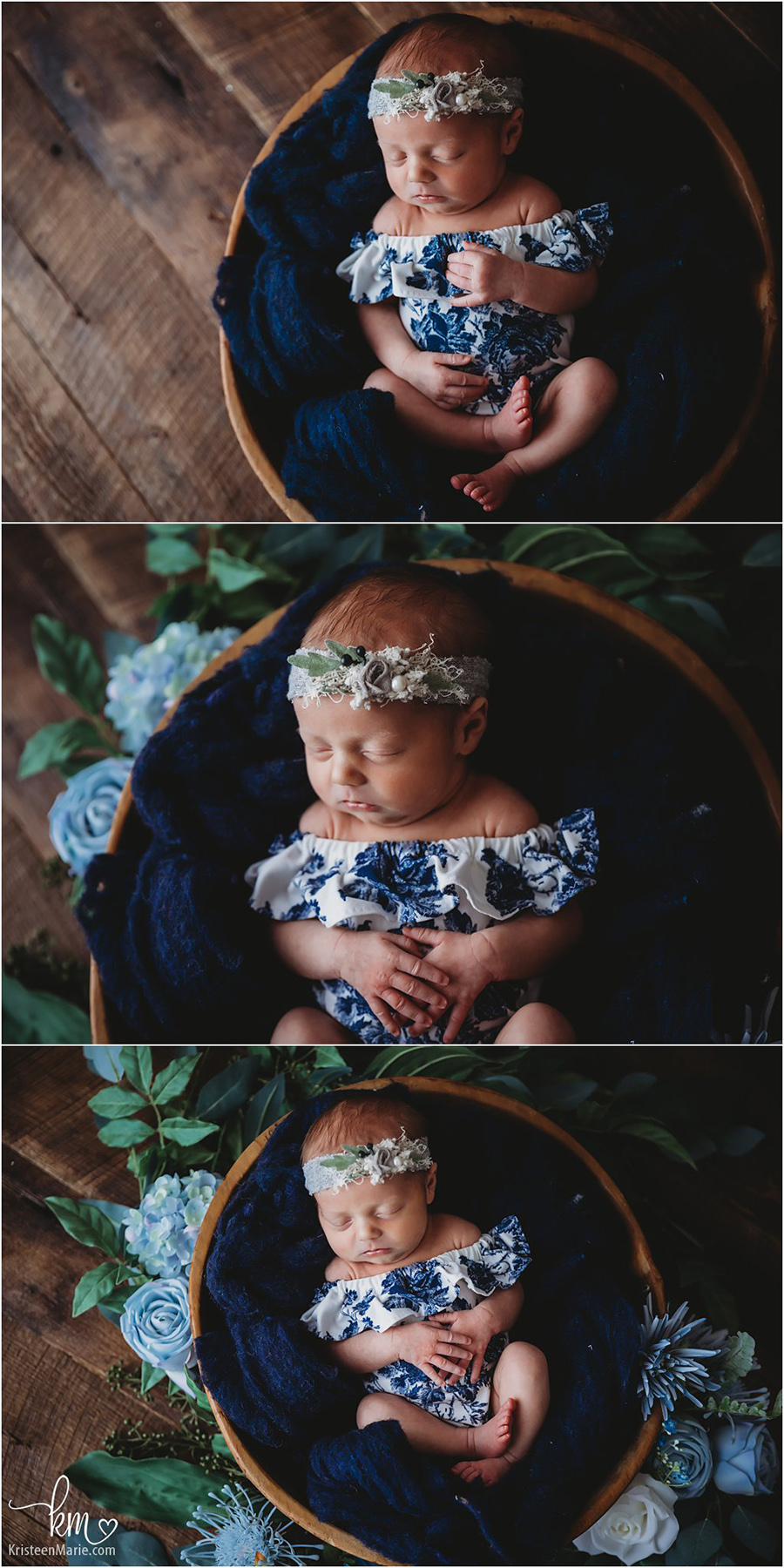 newborn baby girl in blue with blue flowers
