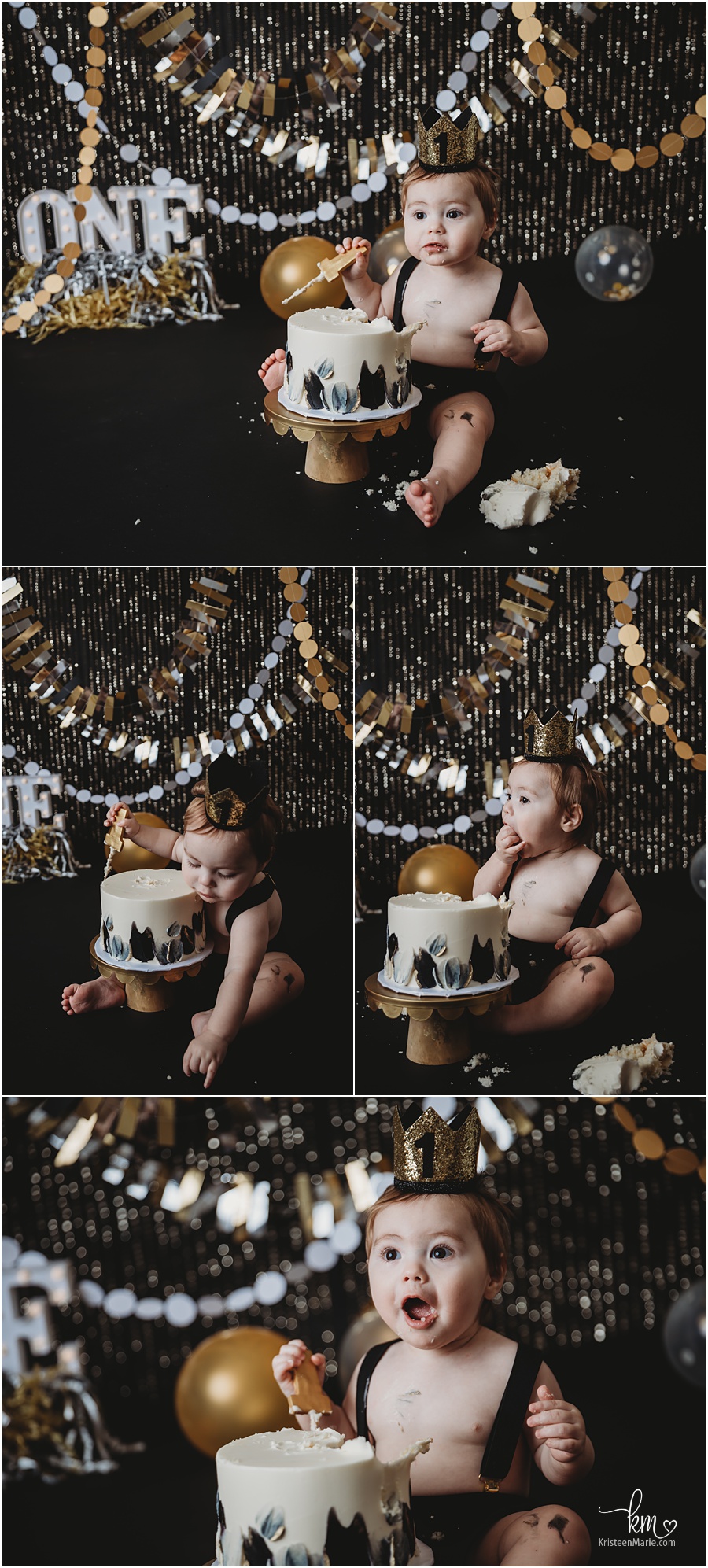 silver, gold and black party cake smash photography session - baby's 1st birthday
