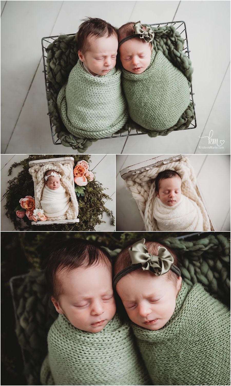 boy girl twins in green - newborn photography