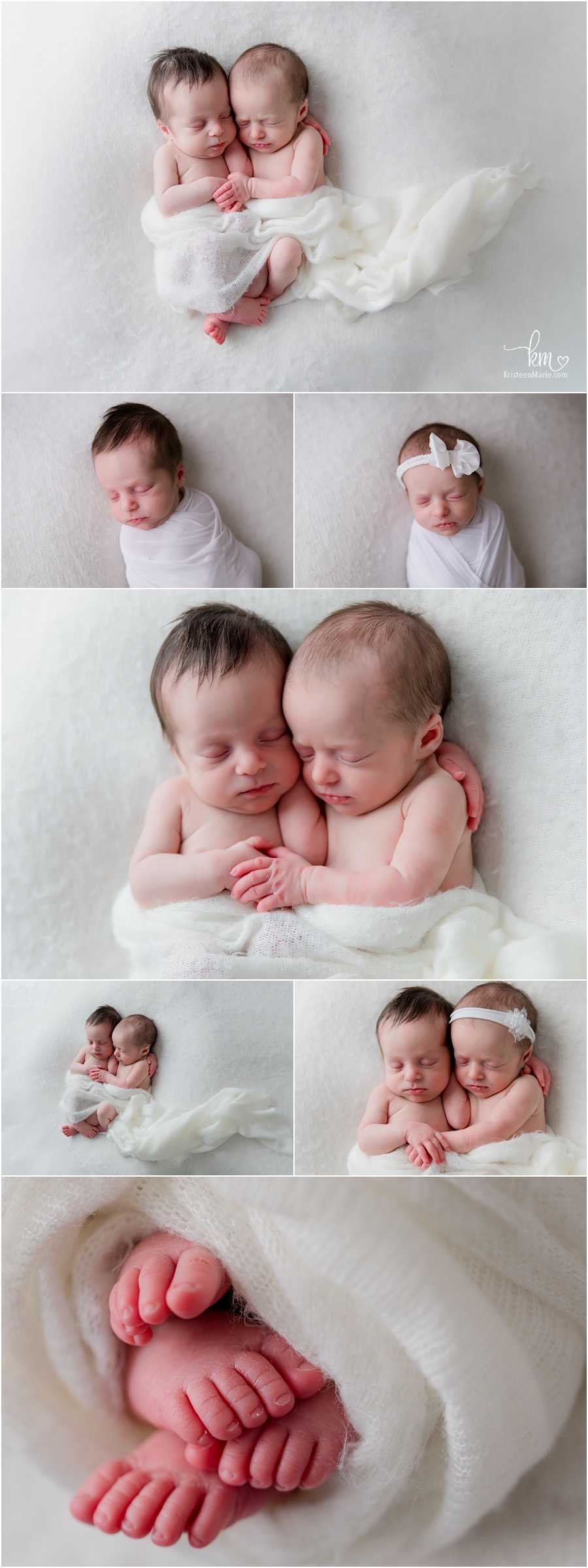 twin newborn babies on white - boy, girl