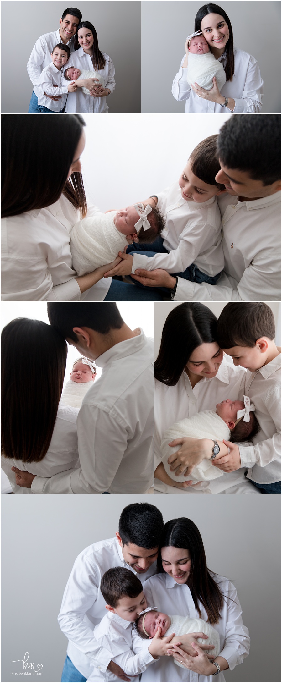 newborn photography family poses - white shirts and backdrop