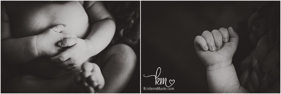 newborn baby features in black and white