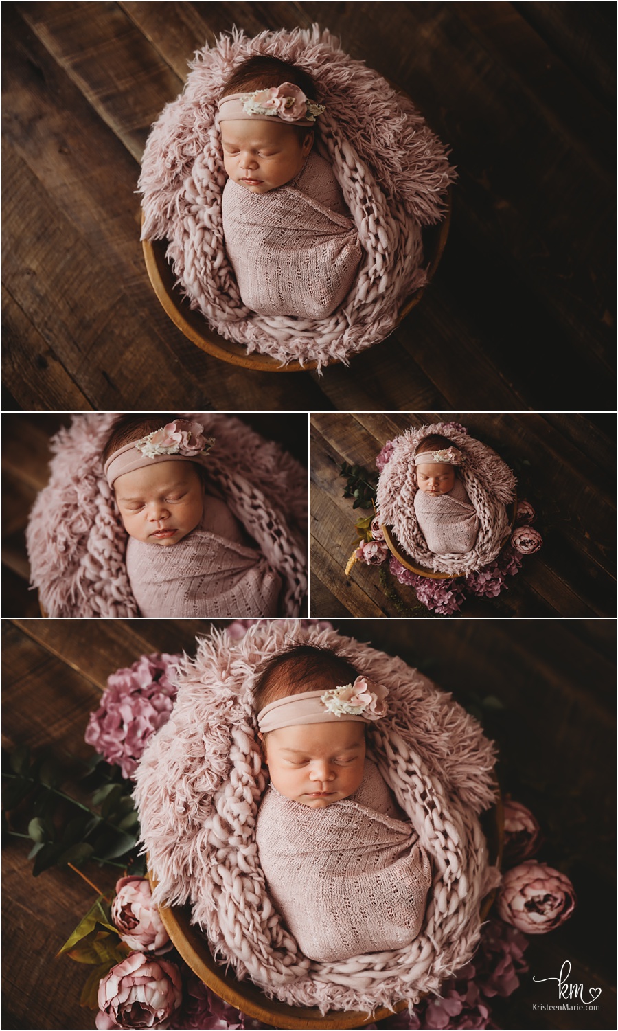 newborn baby girl in bowl with mauve