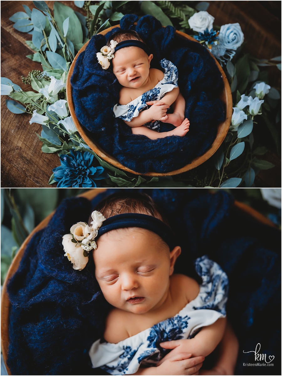 sleeping newborn girl in blue - baby #3