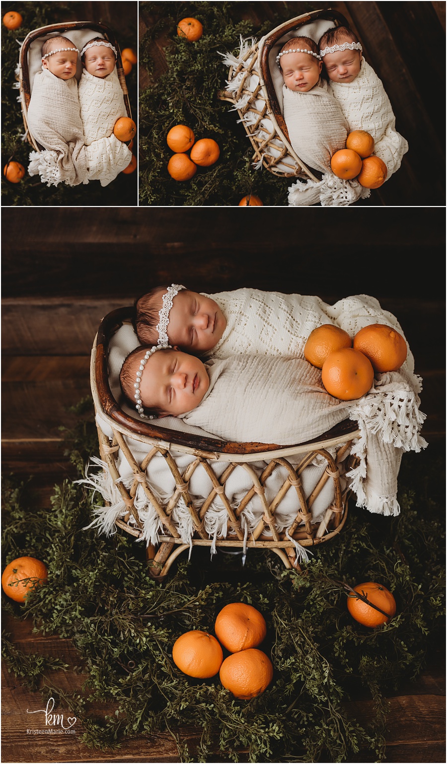 twin newborn girls with tangerine themed nursery - newborn pictures