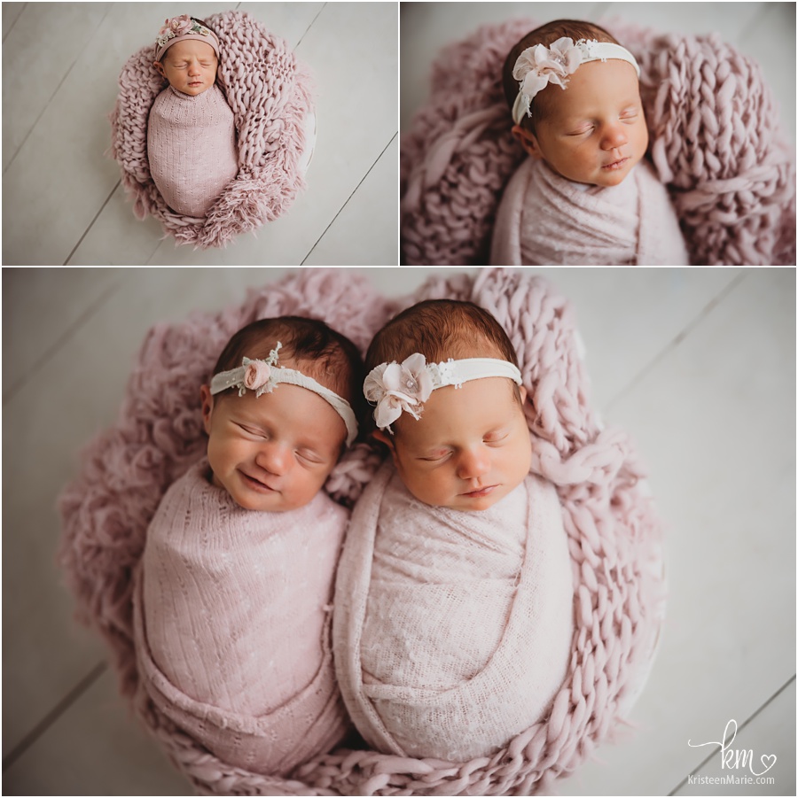 newborn twin girls in pink 