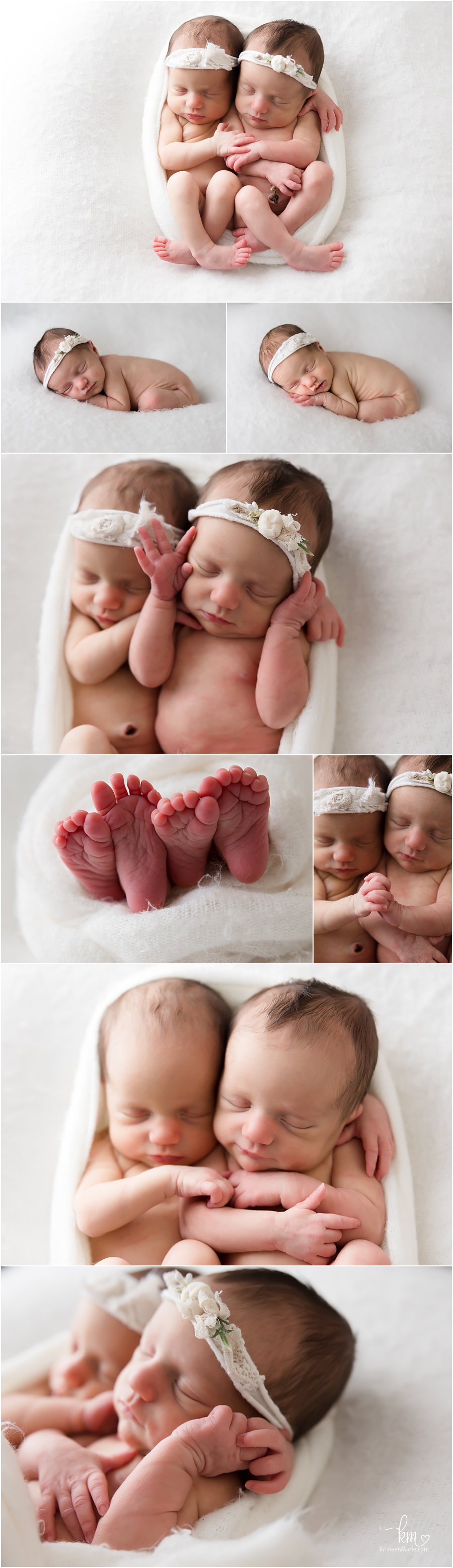 sleeping newborn baby girls on white - fraternal twin girls